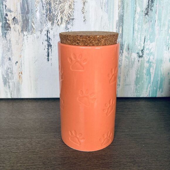 Dog Paw Ceramic Coral Orange Treat Canister Jar - Picture 2 of 3